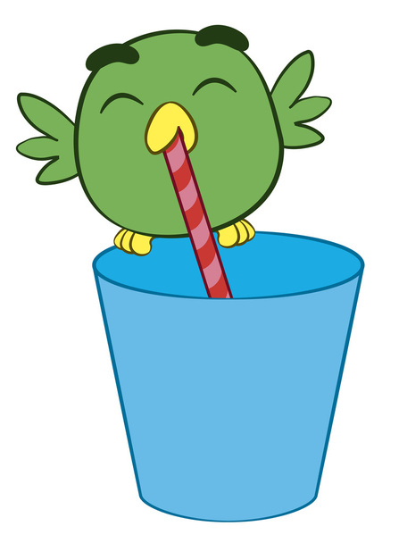 Adorable cartoon bird drinking through a straw - Vector, Image