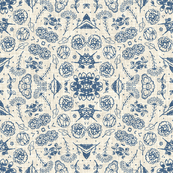 French blue floral french printed fabric pattern for shabby chic home decor style. Rustic farm house country cottage flower linen seamless background. Patchwork quilt effect motif tile - Photo, Image