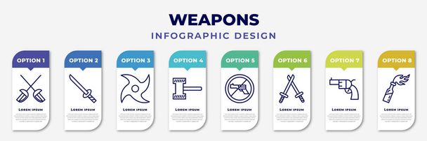 infographic template with icons and 8 options or steps. infographic for weapons concept. included sabre, katana with handle, japanese shuriken, thor hammer, no shooting, battle, revolvers, molotov - Vettoriali, immagini
