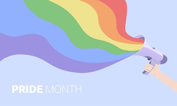 L'onda della bandiera dell'arcobaleno LGBT sventola di concetto colorato lesbico, gay e bisessuale con il megafono in mano. Orgoglio mese sfondo o poster. - Vettoriali, immagini