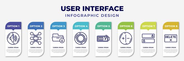 infographic template with icons and 8 options or steps. infographic for user interface concept. included volume button, lace, download archive, hue circle, battery loaded, white balance, slide to - Vector, Image