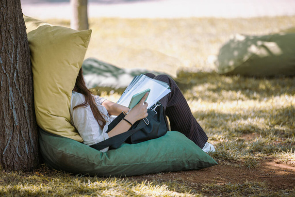 Student studying on lawn and cushions in university garden - Foto, immagini