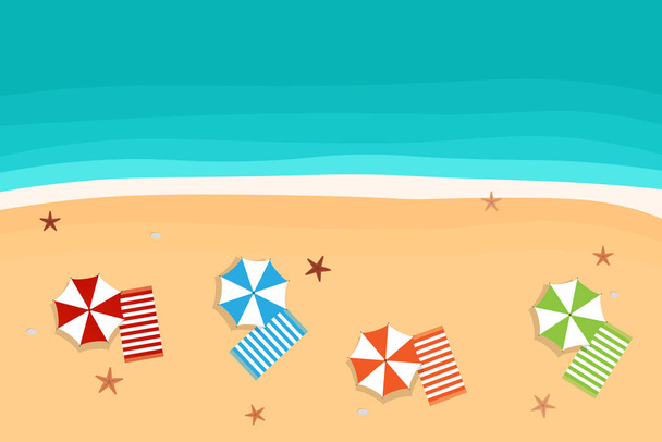 Praia bonita com guarda-chuvas coloridos e toalhas na areia. Top vista ilustração desenho animado vetorial - Vetor, Imagem