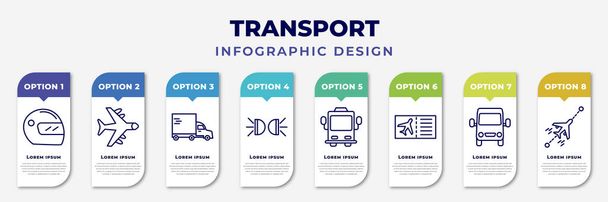 infographic template with icons and 8 options or steps. infographic for transport concept. included motorsport, airplane flying, heavy vehicle, car lights, bus front with driver, plane tickets, van - Vector, Imagen