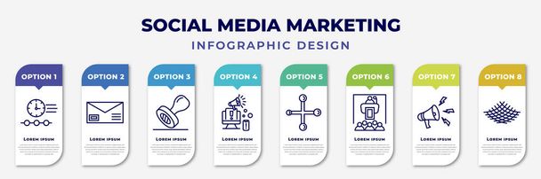 infographic template with icons and 8 options or steps. infographic for social media marketing concept. included timeline, letter with stamp, stamps, digital marketing, social normal, seminar, - Διάνυσμα, εικόνα