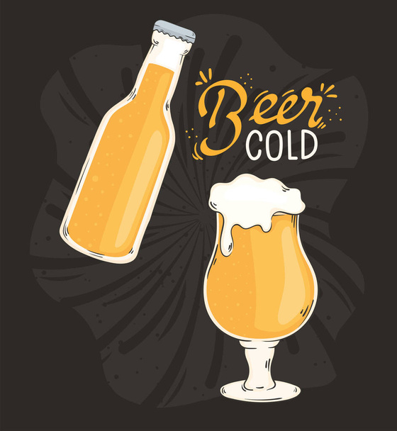 cerveza tarjeta de letras frías con taza - Vector, Imagen