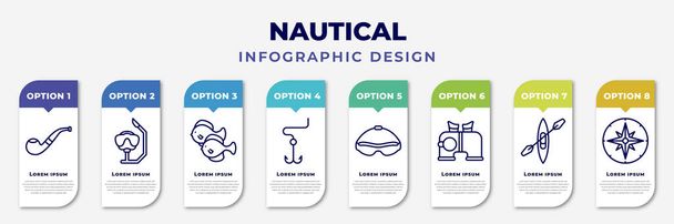 infographic template with icons and 8 options or steps. infographic for nautical concept. included pipe, snorkel, fishes, double bait, swimming glasses, binocular, one kayak, wind rose editable - Vektor, kép