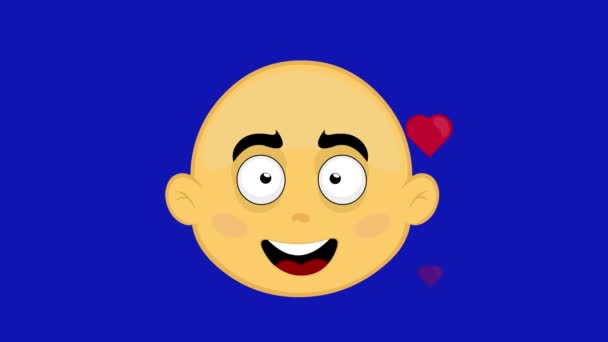Loop animation of the face of a yellow cartoon character with an expression of love and surrounded by hearts, on a blue chroma key background - Felvétel, videó