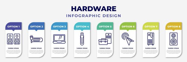 infographic template with icons and 8 options or steps. infographic for hardware concept. included two stereo speakers, recharge, laptop screen, usb flash, device manager, mouse pointer, computer - ベクター画像