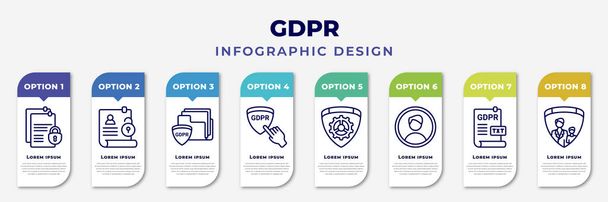 infographic template with icons and 8 options or steps. infographic for gdpr concept. included documentation, right to access, portfolio, finger, gear, account, text file, child consent editable - ベクター画像