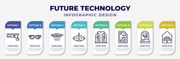 infographic template with icons and 8 options or steps. infographic for future technology concept. included blaster, smart glasses, vehicle, avatar, teleportation, audio file, incubator, smart house - Vecteur, image