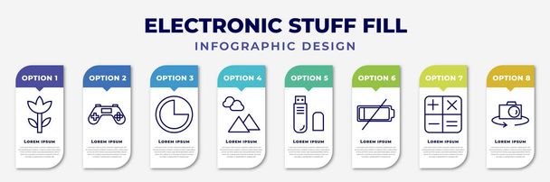 infographic template with icons and 8 options or steps. infographic for electronic stuff fill concept. included ro, joypad, three quarters, landscape photo, pen drive, low battery, calculating, flip - Vector, Image