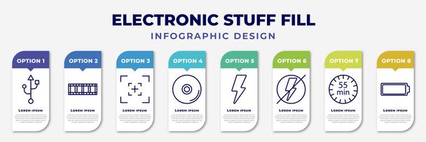 infographic template with icons and 8 options or steps. infographic for electronic stuff fill concept. included usb connection, film strip, camera screen, compact disc, blitz flash, flash off, - Vector, afbeelding