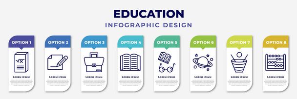 infographic template with icons and 8 options or steps. infographic for education concept. included math book, edit pencil, case, reading book, book and glasses, planet saturn, spacetime curvature, - Vektör, Görsel