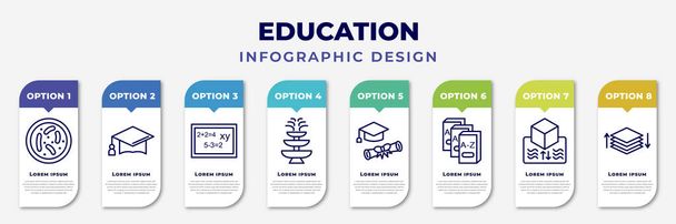 infographic template with icons and 8 options or steps. infographic for education concept. included parasites, graduation mortarboard, math class, fountain, graduation diploma, three books, - Διάνυσμα, εικόνα