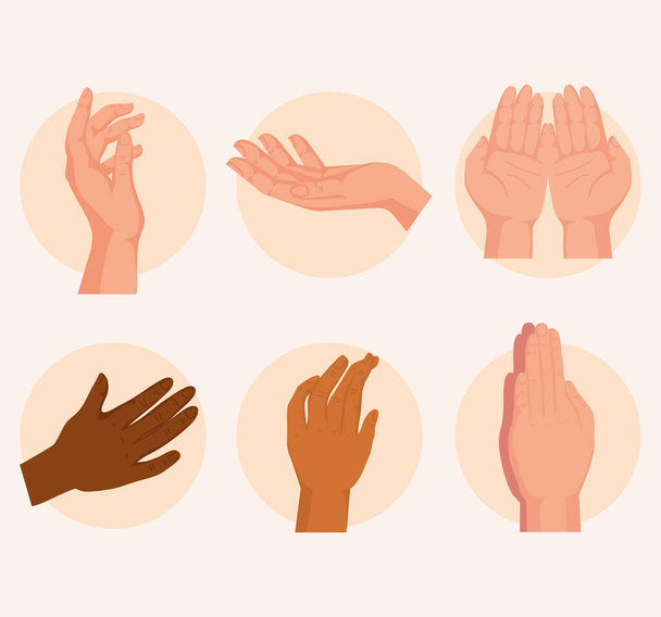 six hands human gestures icons - Vector, Image