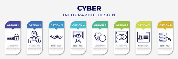 infographic template with icons and 8 options or steps. infographic for cyber concept. included passwords, theft, worm, ransomware, stalking, biometric recognition, dos attack, code injection - Vektör, Görsel