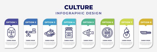 infographic template with icons and 8 options or steps. infographic for culture concept. included native american mask, pipe of peace, beijing roast duck, vegemite, marine fish, imperial carp, - Vettoriali, immagini