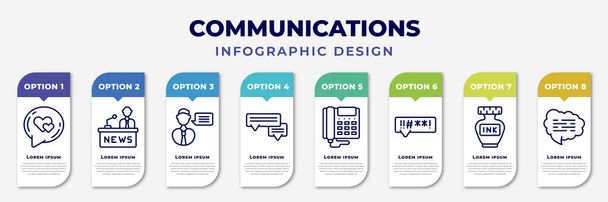 infographic template with icons and 8 options or steps. infographic for communications concept. included i love you, news anchor, talk, chat message, digital phone, swearing, ink bottle, speech - Vector, afbeelding