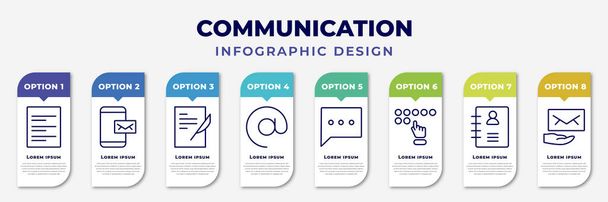 infographic template with icons and 8 options or steps. infographic for communication concept. included text lines, mobile receiving email, writing letter, arroba, chat bubble, braille, contacts, - Vector, Imagen