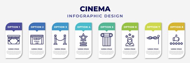 infographic template with icons and 8 options or steps. infographic for cinema concept. included cinema curtains, 1080p full hd, cinema borders, trophy with a star, theatre pillar, actress, small - Vektor, obrázek