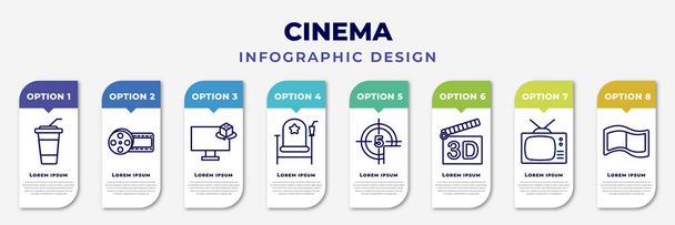 infographic template with icons and 8 options or steps. infographic for cinema concept. included take away drink, film reel playing, 3d television, cinema chair, movie countdown, 3d movie, - Wektor, obraz