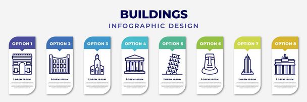 infographic template with icons and 8 options or steps. infographic for buildings concept. included arc de triomphe, uno building, chuch, greece, pisa tower, rapa nui, state building, brandenburg - ベクター画像