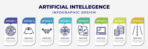 infographic template with icons and 8 options or steps. infographic for artificial intellegence concept. included detection, field of view, bionic arm, quantum computing, file transfer, laptop, - ベクター画像