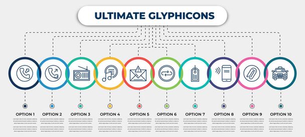 vector infographic template with icons and 10 options or steps. infographic for ultimate glyphicons concept. included phone with right arrow, phone call outcoming, old radio with antenna, music - Vector, Image