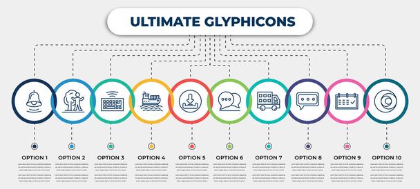 vector infographic template with icons and 10 options or steps. infographic for ultimate glyphicons concept. included alarm bell, man and tree, wireless keyboard, cargo boat, download arrow with - Vektor, obrázek
