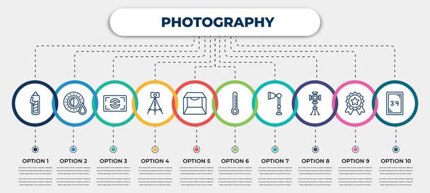 vector infographic template with icons and 10 options or steps. infographic for photography concept. included carging, shades, metering, tr, light box, temperatures, illuminatio, spotlight, aspect. - Vettoriali, immagini