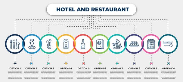 vector infographic template with icons and 10 options or steps. infographic for hotel and restaurant concept. included eating utensils, bellboy, fire extinguisher, door hanger, champagne, passport, - Vetor, Imagem