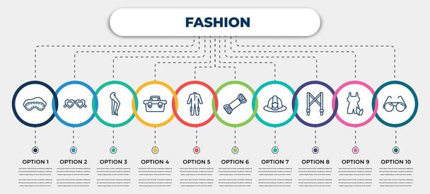 vector infographic template with icons and 10 options or steps. infographic for fashion concept. included sleeping mask, heart eyeglasses, tights, small toolbox, working coverall, skein, firefighter - Vector, Image