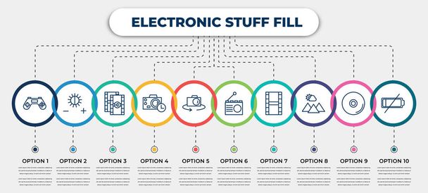 vector infographic template with icons and 10 options or steps. infographic for electronic stuff fill concept. included joypad, brightness option, photogram, camera timer, flip camera, radio, film - Vector, Image