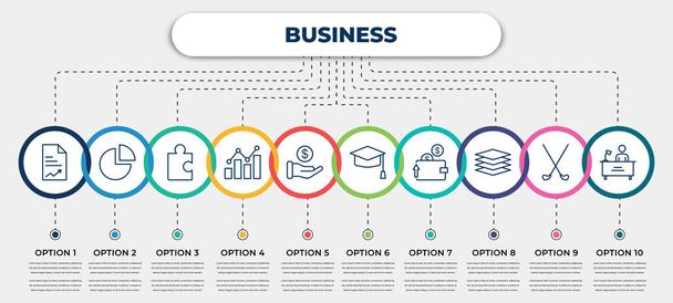 vector infographic template with icons and 10 options or steps. infographic for business concept. included paper graphic, pie graphic, puzzle game piece, growing bar graph, finance, graduation - Vecteur, image