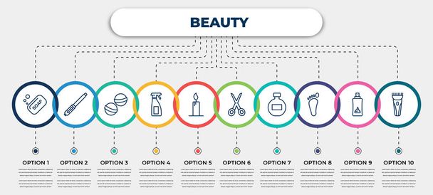 vector infographic template with icons and 10 options or steps. infographic for beauty concept. included soap bar, curling wand, bath salts bomb, aplicator bottle, candle light, open hair scissors, - Vettoriali, immagini