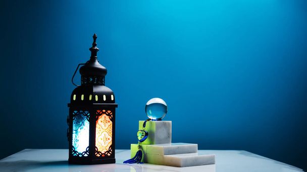 colorful brighten lantern in traditional style shining to the arabic text of the name "Muhumud " , the prophet of all Muslim, in ramadan night of muslim fasting even - Фото, зображення