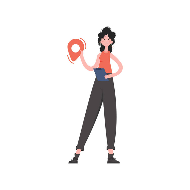 Egy nő teljes növekedésben áll, és egy földrajzi helymeghatározó ikont tart a kezében. Elszigetelve. Előadások, helyszínek elemei. Vektorillusztráció - Vektor, kép