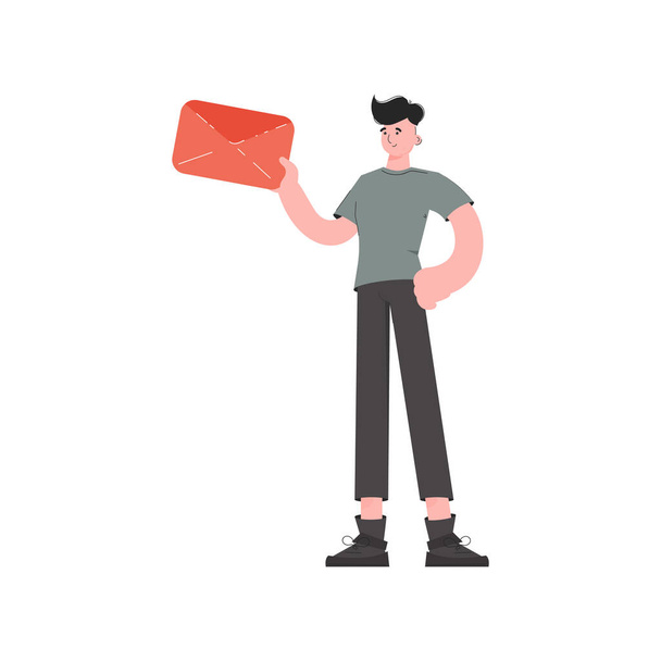 Um homem está em pleno crescimento segurando um envelope com uma carta. Isolado. Elemento para apresentações, sites. Ilustração vetorial - Vetor, Imagem