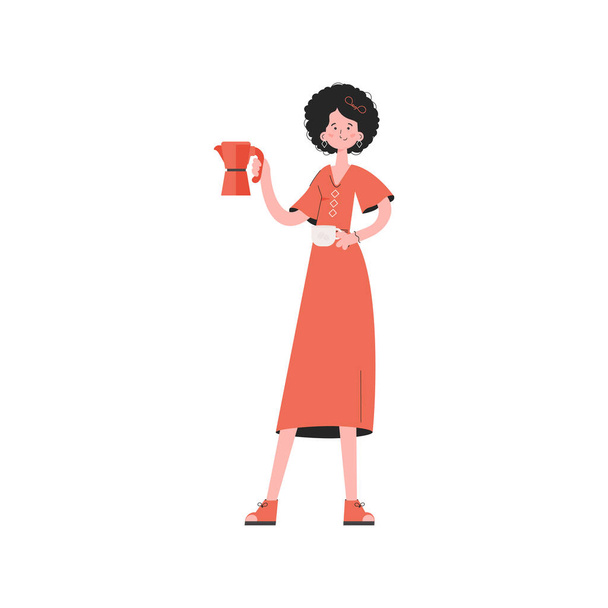 Nainen seisoo täydessä kasvussa kahvin käsissä. Eristetty. Elementti esityksiä, sivustoja. Vektoriesimerkki - Vektori, kuva