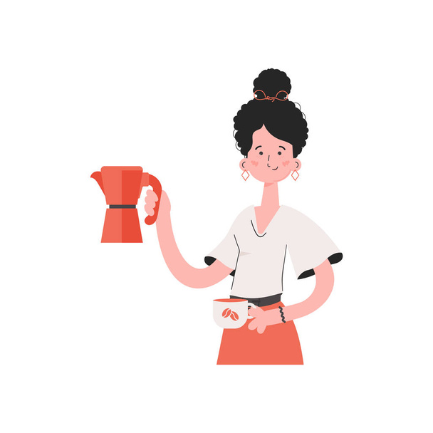 Een vrouw zit tot haar middel in haar handen en houdt een kopje vast. Geïsoleerd. Element voor presentaties, sites. Vectorillustratie - Vector, afbeelding