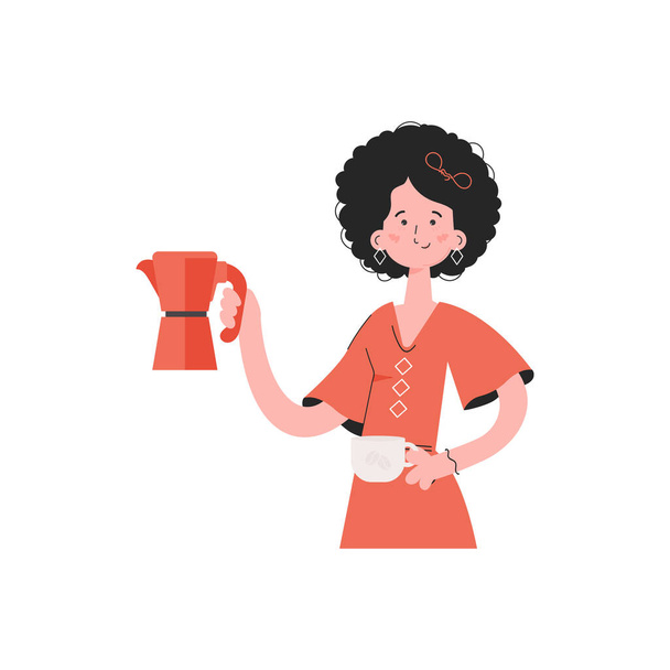 Nainen seisoo vyötäröä myöten käsissään kahvi kädessään. Eristetty. Elementti esityksiä, sivustoja. Vektoriesimerkki - Vektori, kuva