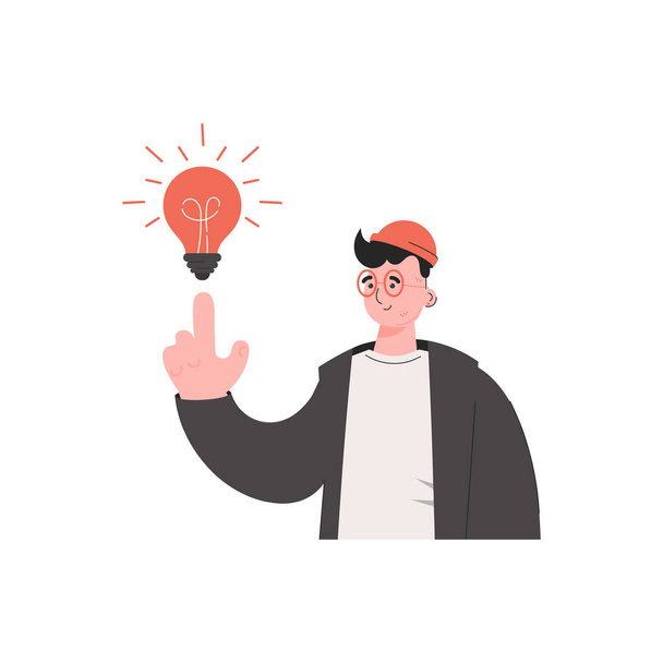 A young guy is waist-deep with a light bulb. Isolated. Element for presentations, sites. Vector illustration - Vector, Image