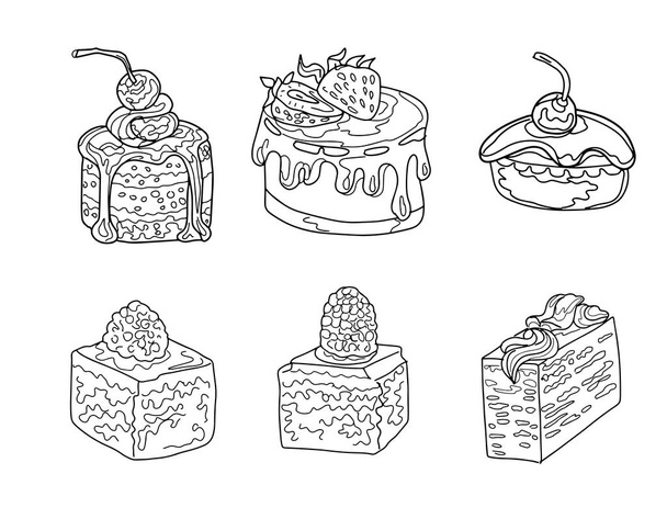 お菓子カップケーキケーキケーキグラフィックイラスト手描きの印刷着色本白を背景に別々の要素のセット - ベクター画像