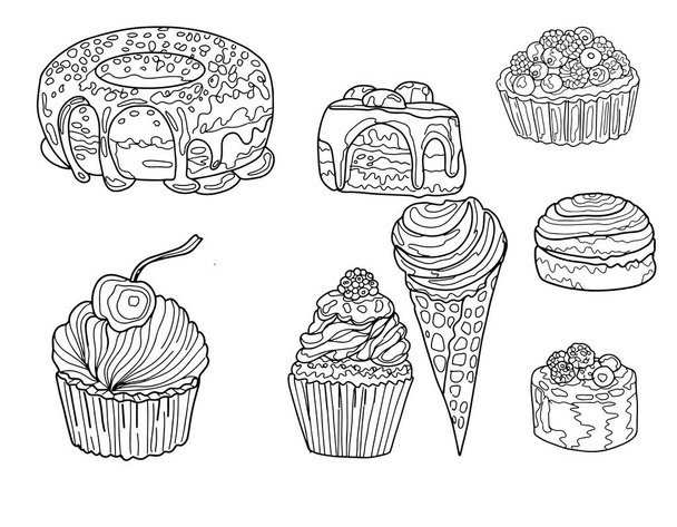 Sweets cupcake cake cake graphic illustration hand drawn print coloring book for kids set  - ベクター画像