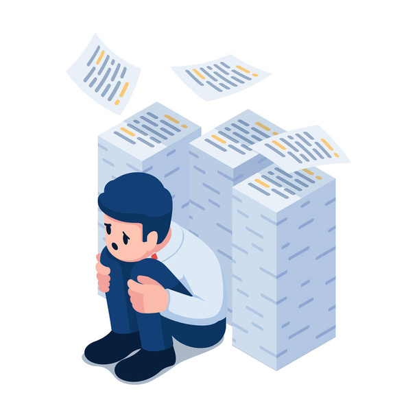 Flat 3d Isometric Sad Businessman sitting and hugging his knees with stack of documents. Overworked and Burnout Concept. - Vector, Image