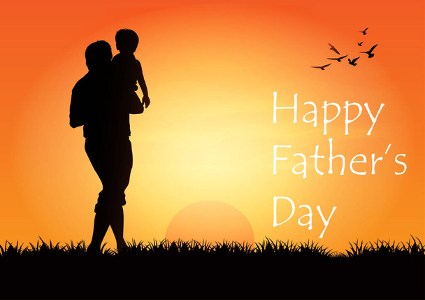 Graphics Design Father holding the young on hands with landscape view outdoor of sunset with grass on the ground for greeting card vector illustration - Διάνυσμα, εικόνα