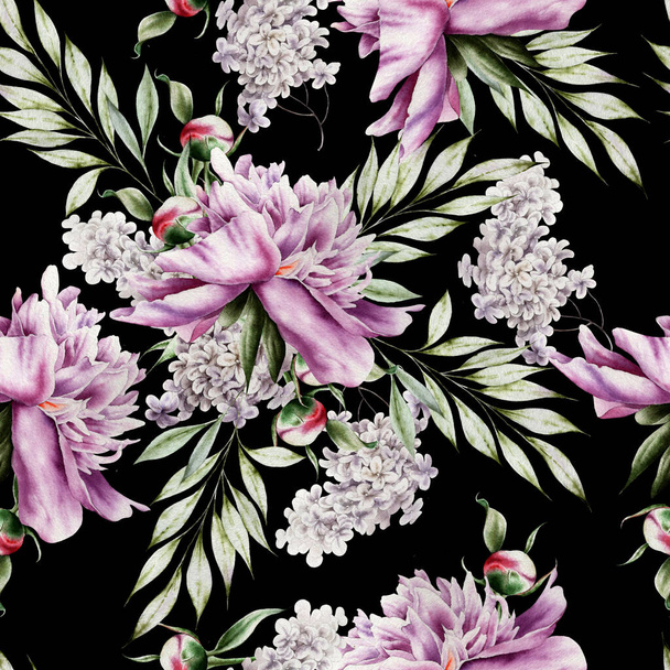 Seamless pattern with flowers. Peony. Watercolor illustration.  Hand drawn. - Foto, imagen