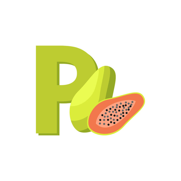 Фруктовый алфавит - буква P для папайи. Образование для детей Плоская векторная иллюстрация. - Вектор,изображение