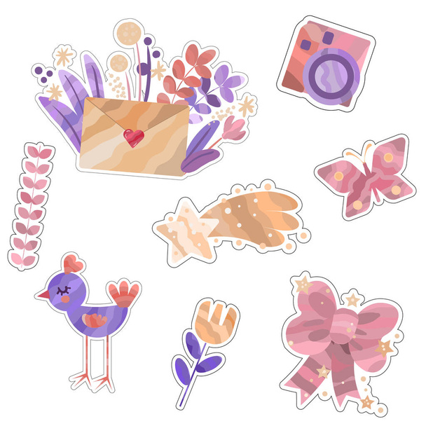 Sticker set with cute objects, envelope, flowers, birds,photo camera, ribbon, butterfly and fallen star. Vector illustration. Objects on white background. - Vector, Image